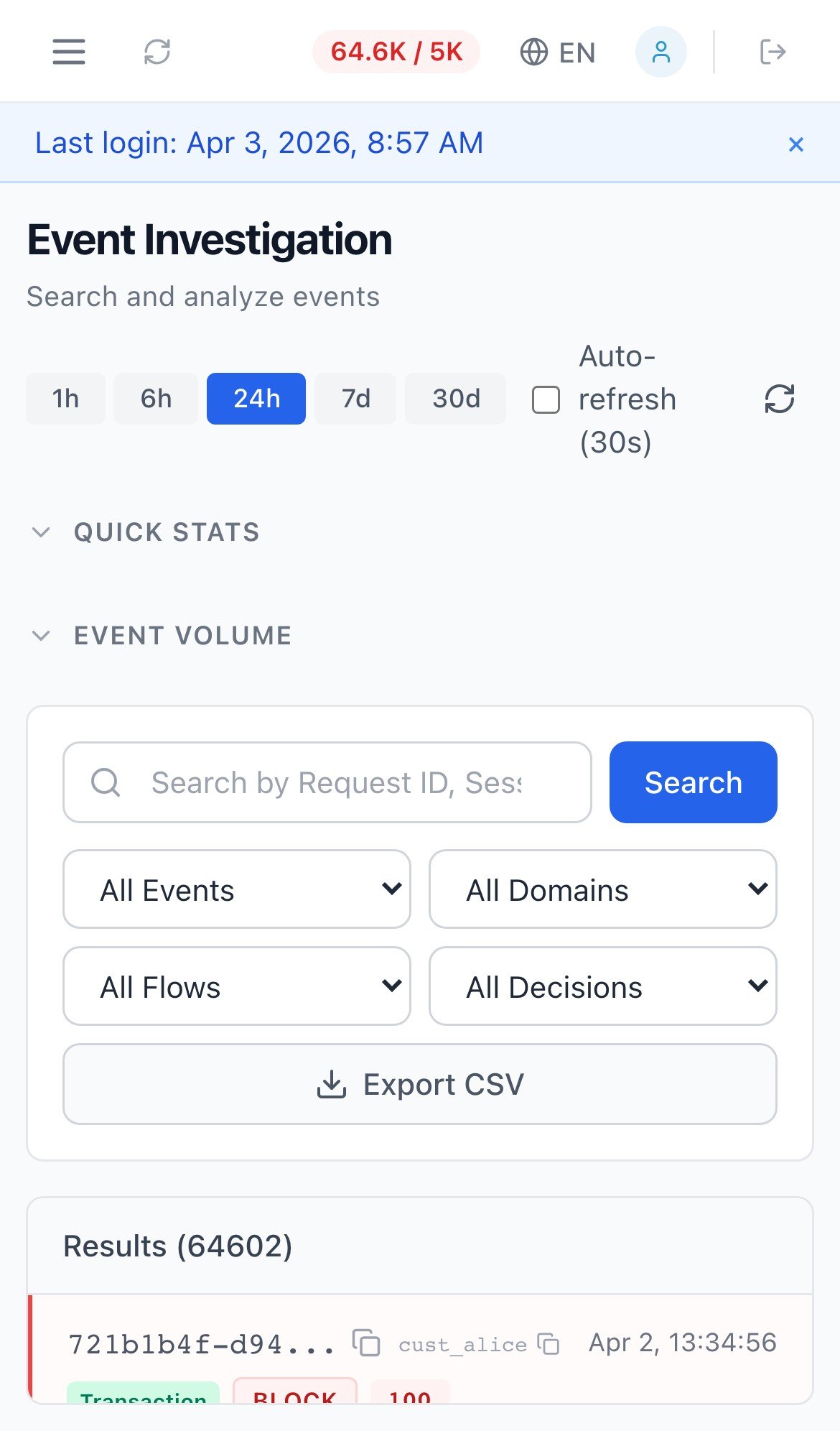 FDE event investigation on mobile phone showing event details and filters